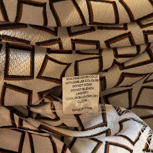 TEMT 12 White Brown Black Geometrical Print Long Sleeve Cowl Collar Blouse - Picture 12 of 12